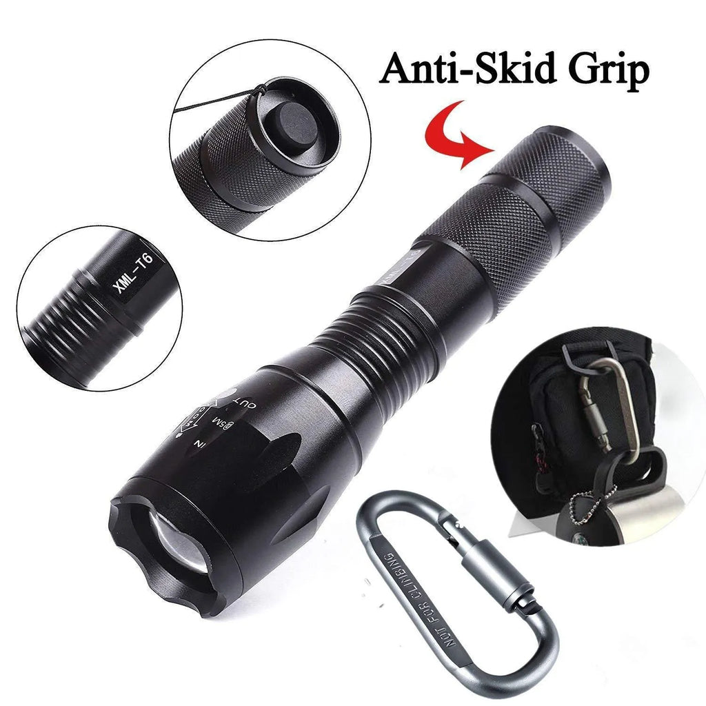 Tactical portable LED flashlight 1000 lumens, Pro-Black, chrome aluminium body, five modes, AAA battery powered
