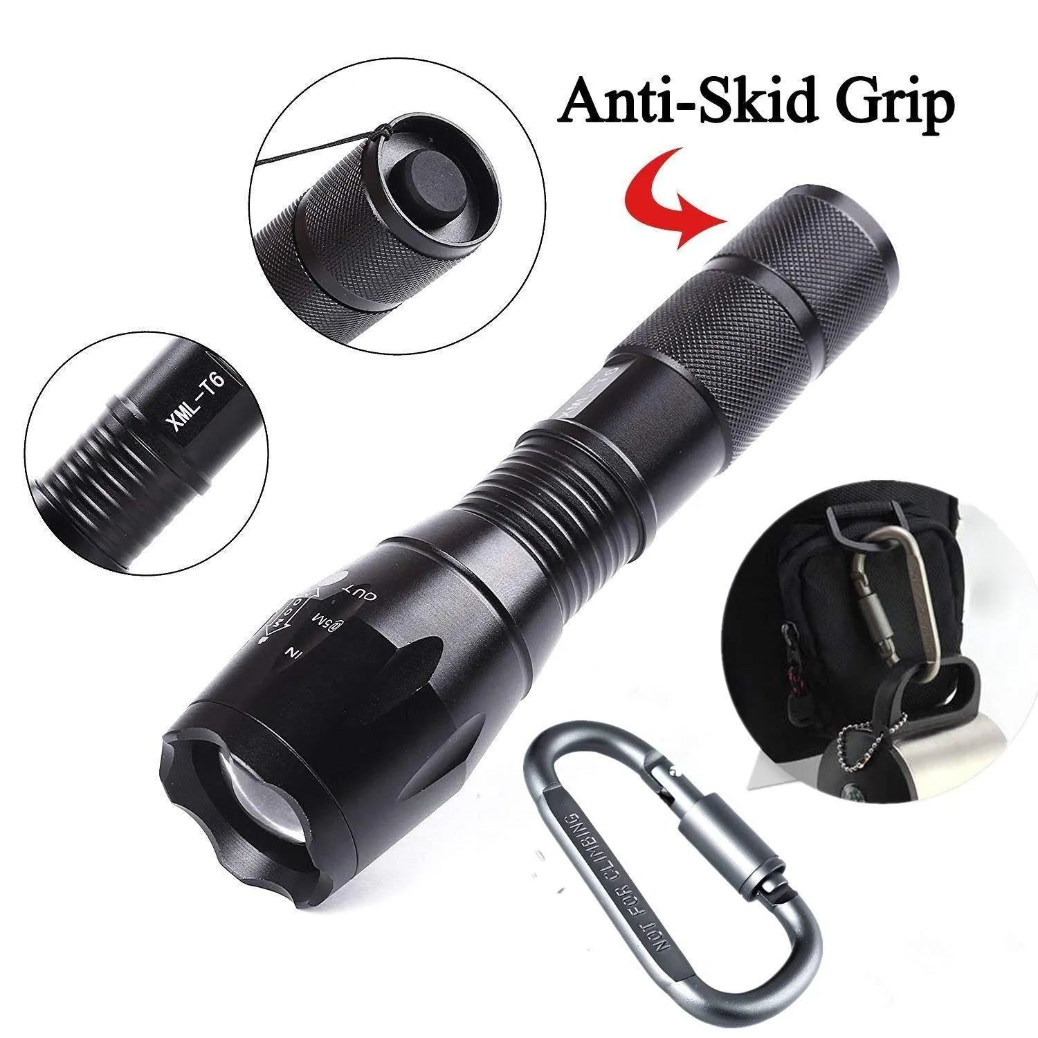 Tactical portable LED flashlight 1000 lumens, Pro-Black, chrome aluminium body, five modes, AAA battery powered