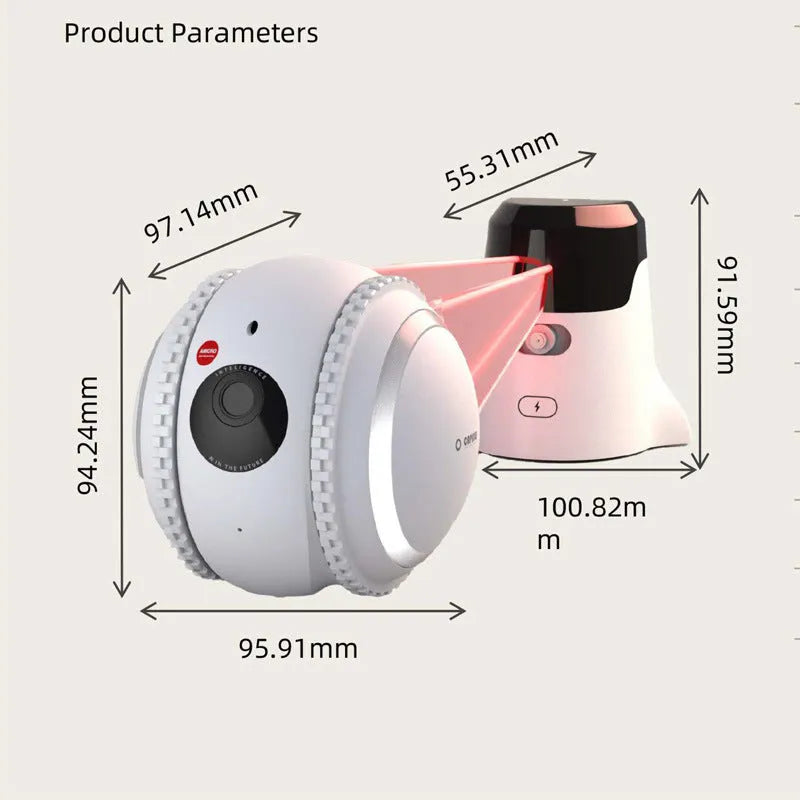 White pet companion robot with automatic recharge for cat monitoring and interactive play