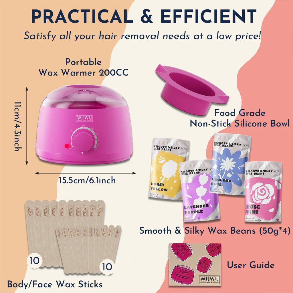 27-piece hair removal wax kit showing four coloured wax beads, electric machine, wax sticks and guidebook