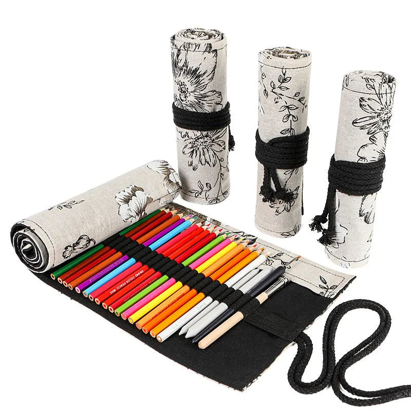 Black peony print canvas pencil roll bag showing cotton hemp construction with pencil storage holes