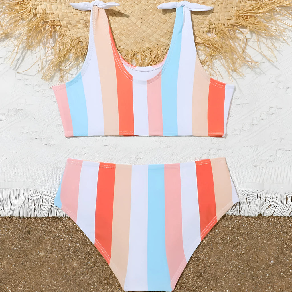 Girls' plaid print two-piece swimsuit set with bra and briefs for swimming.