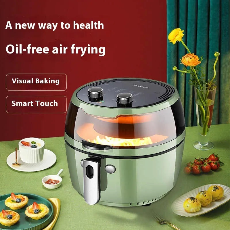 Large 8-litre capacity air fryer oven with mechanical dial controls and a removable nano-ceramic coated cooking pot