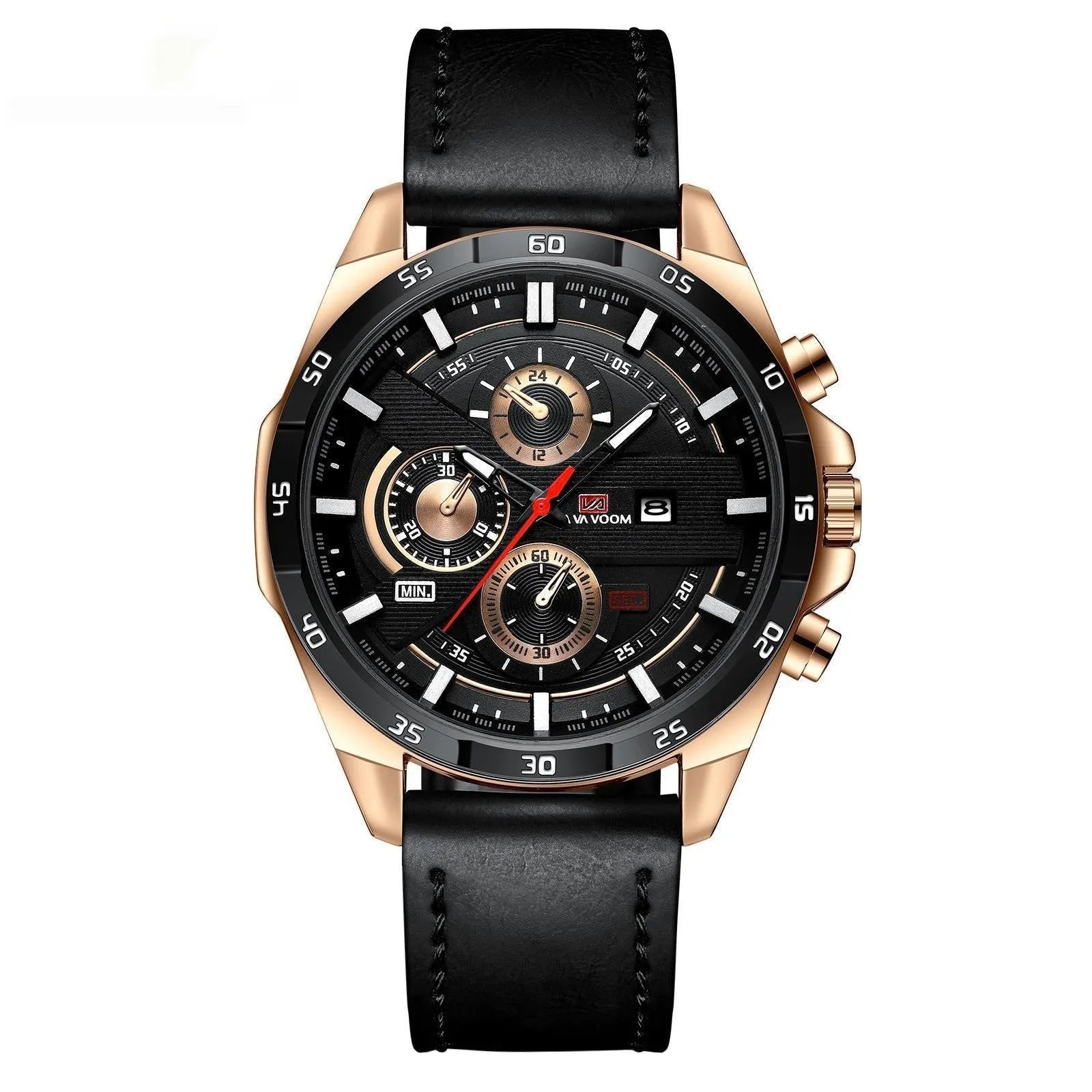 Men's black leather strap watch with rose gold case and calendar window on dial.