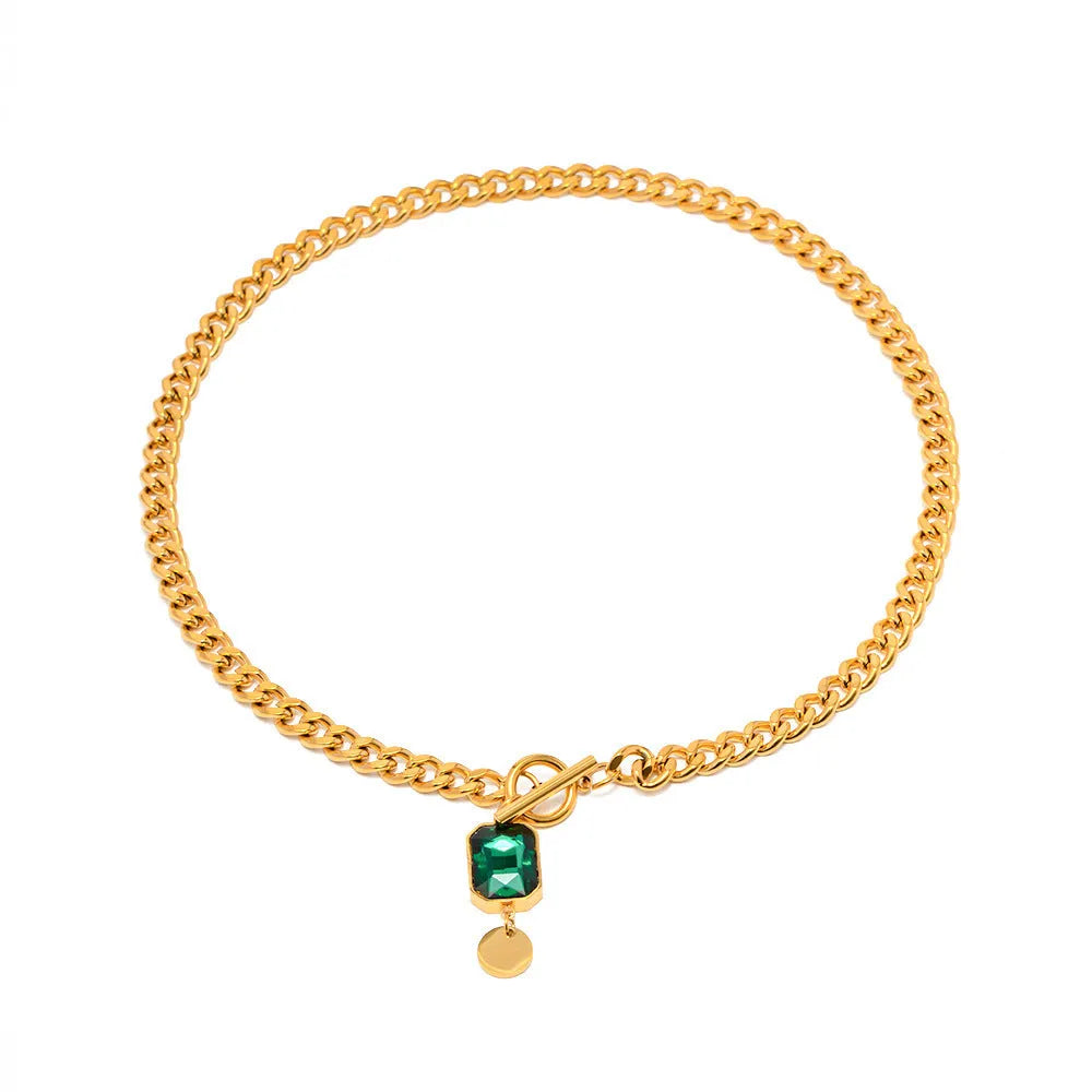 Gold titanium steel pendant necklace with emerald zircon stone and Cuban link chain