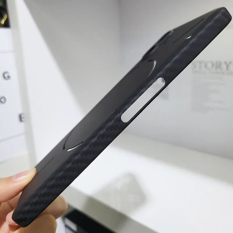 Real aramid fiber phone case in matte black hollow finish for Nothing Phone 2 with plaid texture