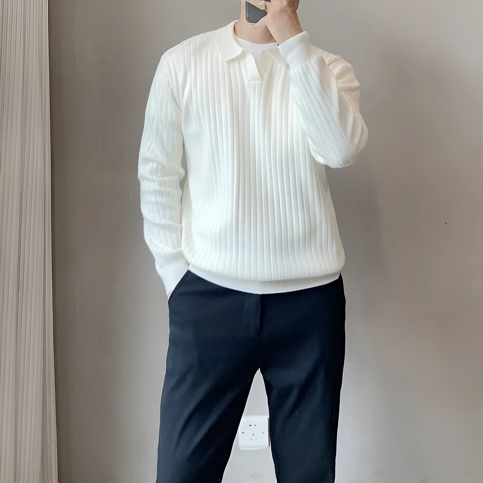 Men's loose grey knitted pullover sweater with long sleeves, rabbit fur modal fabric.