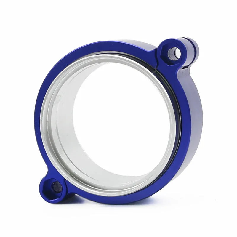 Aluminium fixed movement clamp for car exhaust modification in black, blue, or red.