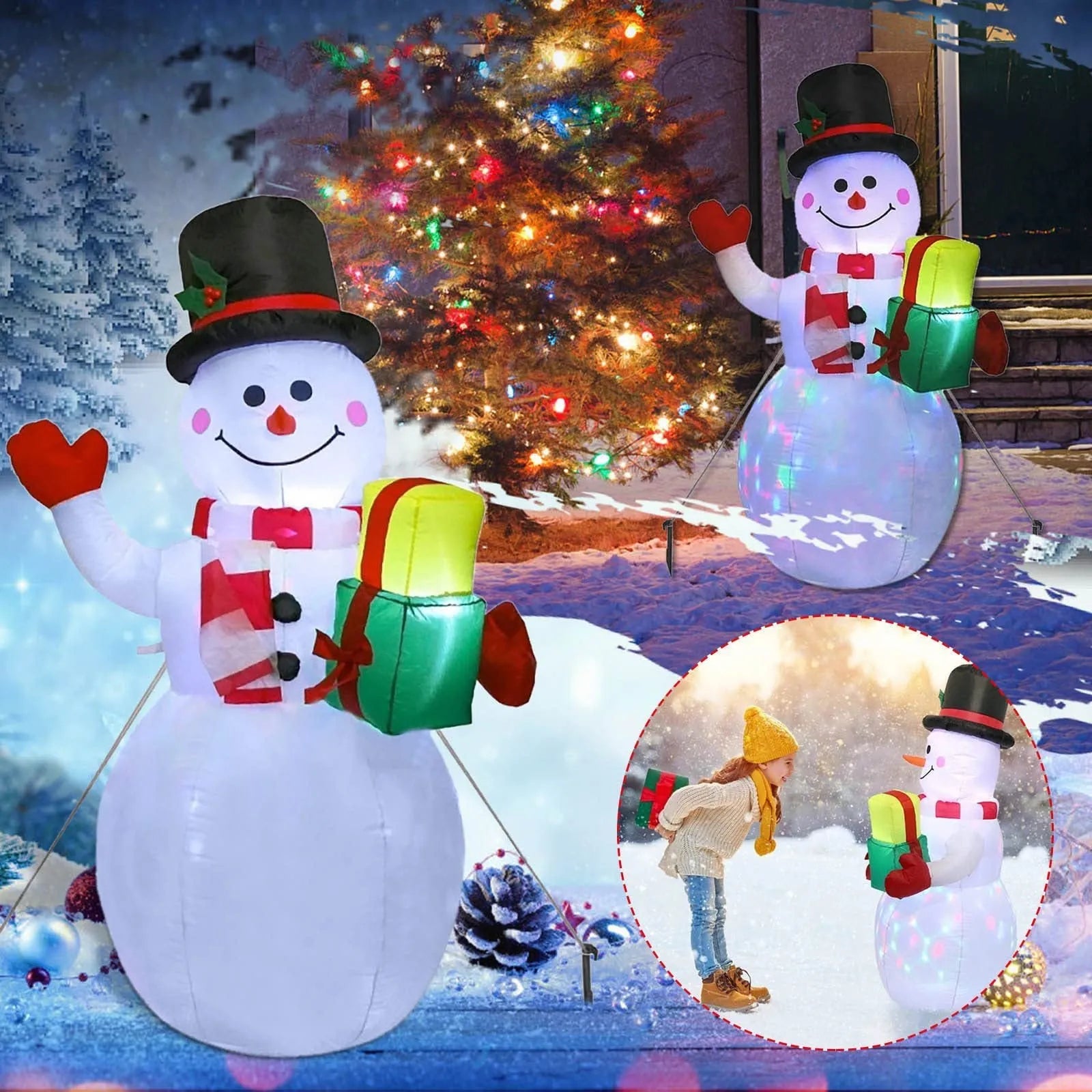 Outdoor Christmas inflatable decoration with LED lights showing Santa, snowman or tree designs
