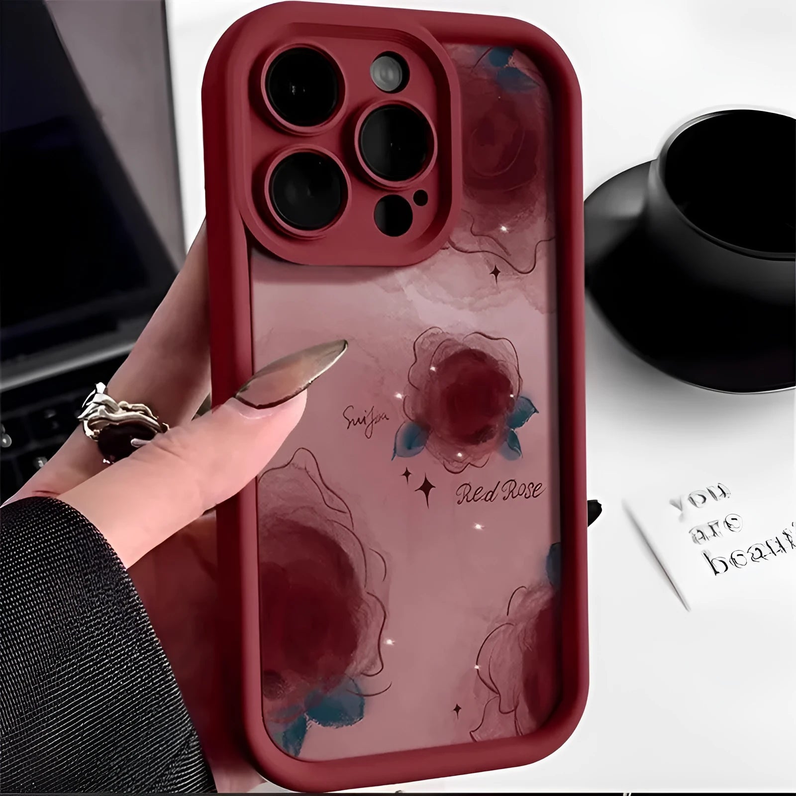 Creative blooming rose silicone phone case in red colour for iPhone 16 series back cover