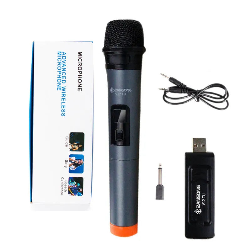 Black V12 dynamic handheld wireless microphone with USB receiver and audio cable.