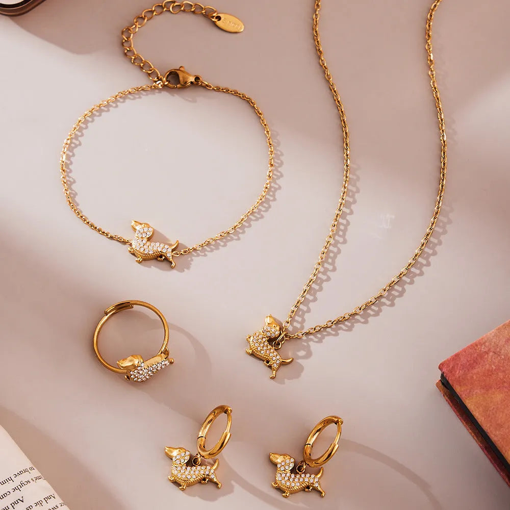 Gold puppy zircon Chinese zodiac dog bracelet made from titanium steel with full zirconium finish chain pattern