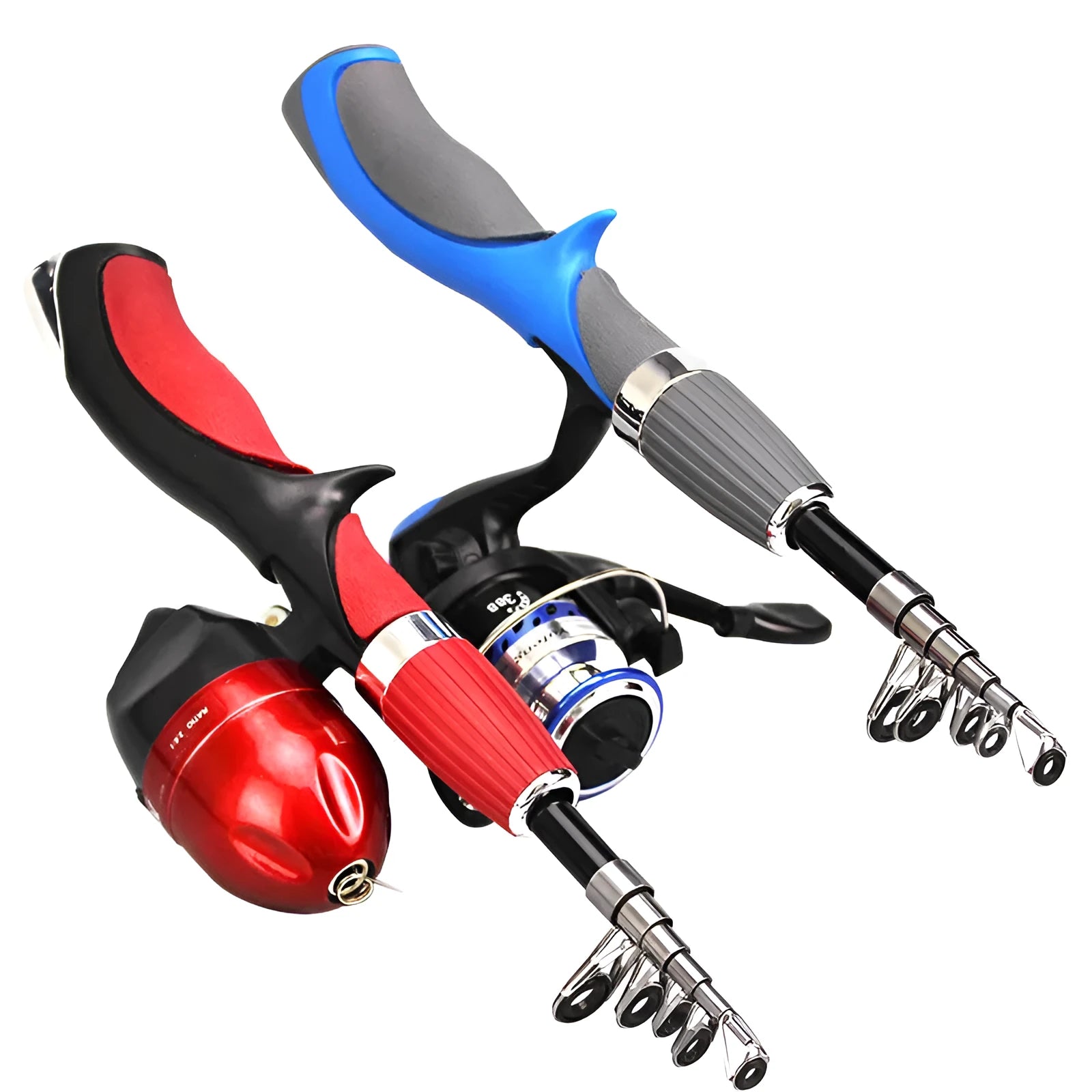 Short spinning wheel lure rod carbon fibre alloy 6 sections closed 36cm extended 140cm red blue