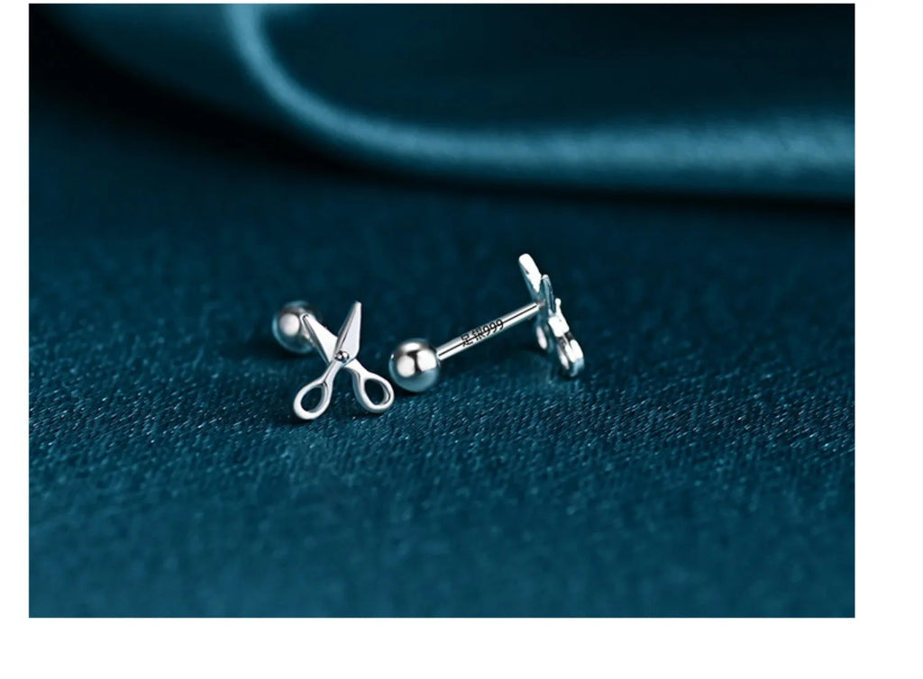 S999 pure silver screw style ear nail earrings with mini scissors screws decorative detail