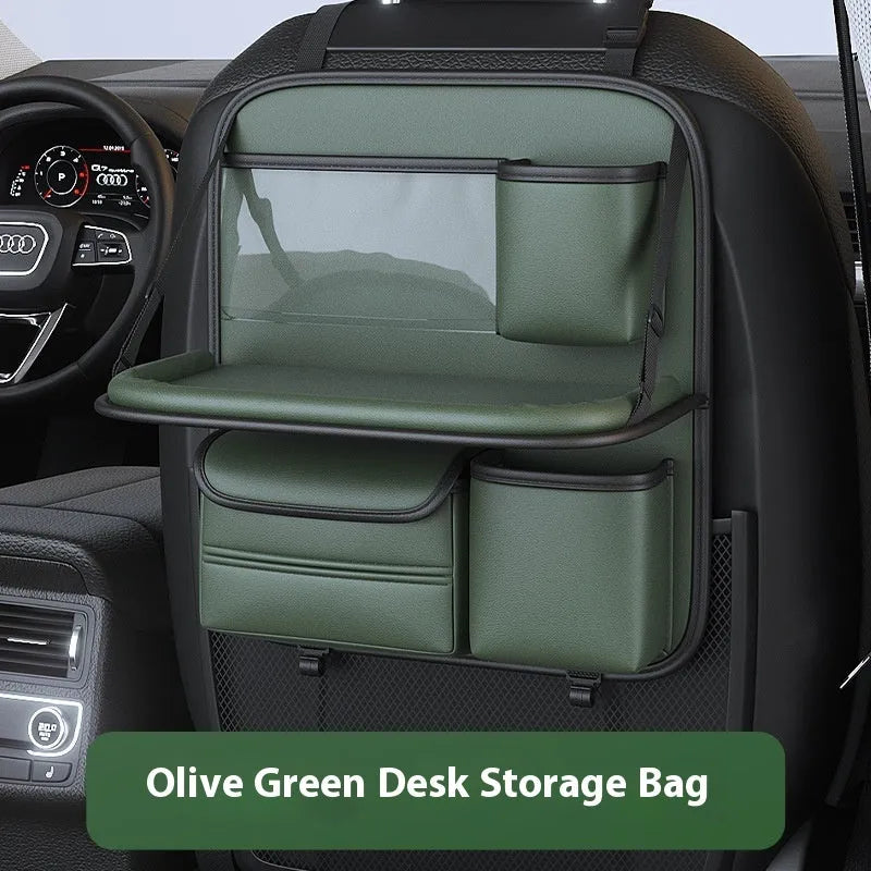 Leather car seat storage bag with fold-out table in black, grey, green, or brown