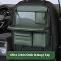 Leather car seat storage bag with fold-out table in black, grey, green, or brown
