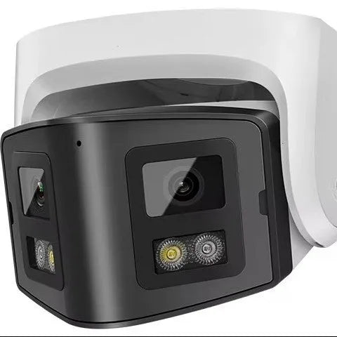 4MP dual-lens POE IP66 waterproof security camera showing front view with two lenses and mounting bracket.