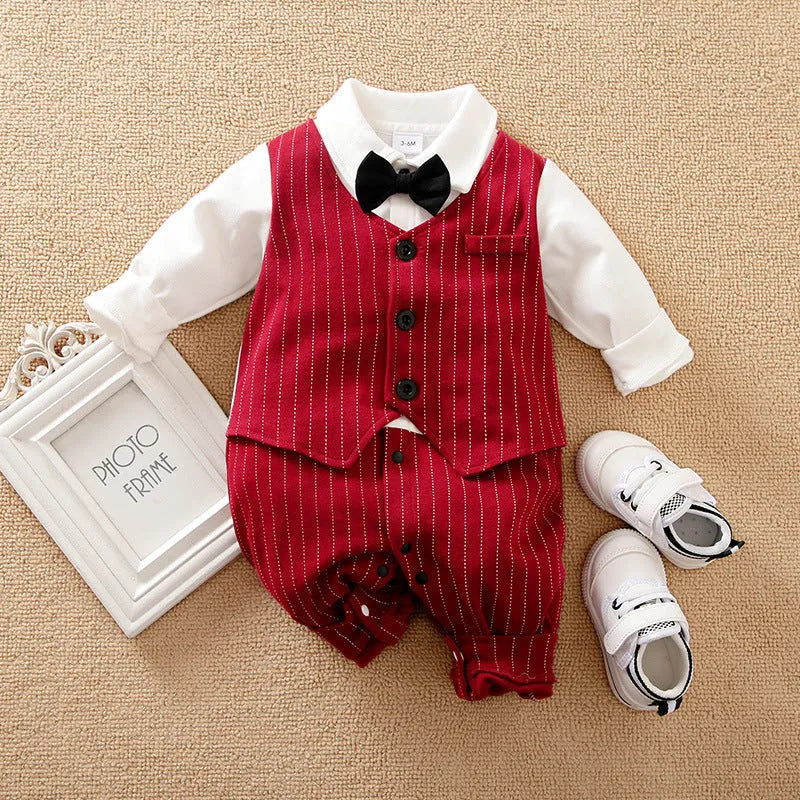 Gentleman-style wine red baby boy cotton jumpsuit with single-breasted closure and long sleeves