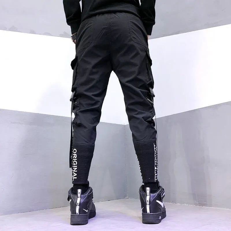 High-end cargo pants with embroidery for men, loose fit, nine-tenths length, mid-waist, black colour option
