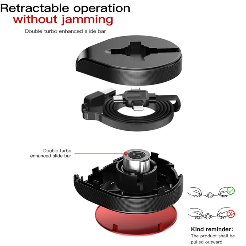 Black telescopic three-in-one fast charging cable extended to 1 metre with Lightning, USB-C, and micro-USB connectors.