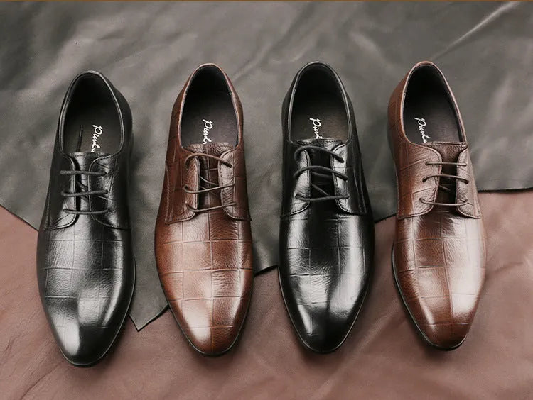 Men's black checkered leather derby shoes with a pointed toe and rubber sole on a white background.