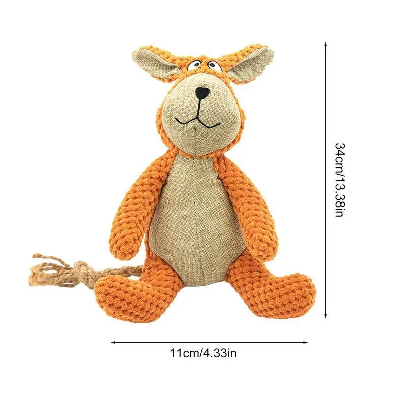 Plush squeaky dog toy in animal shape for chewing and teeth cleaning