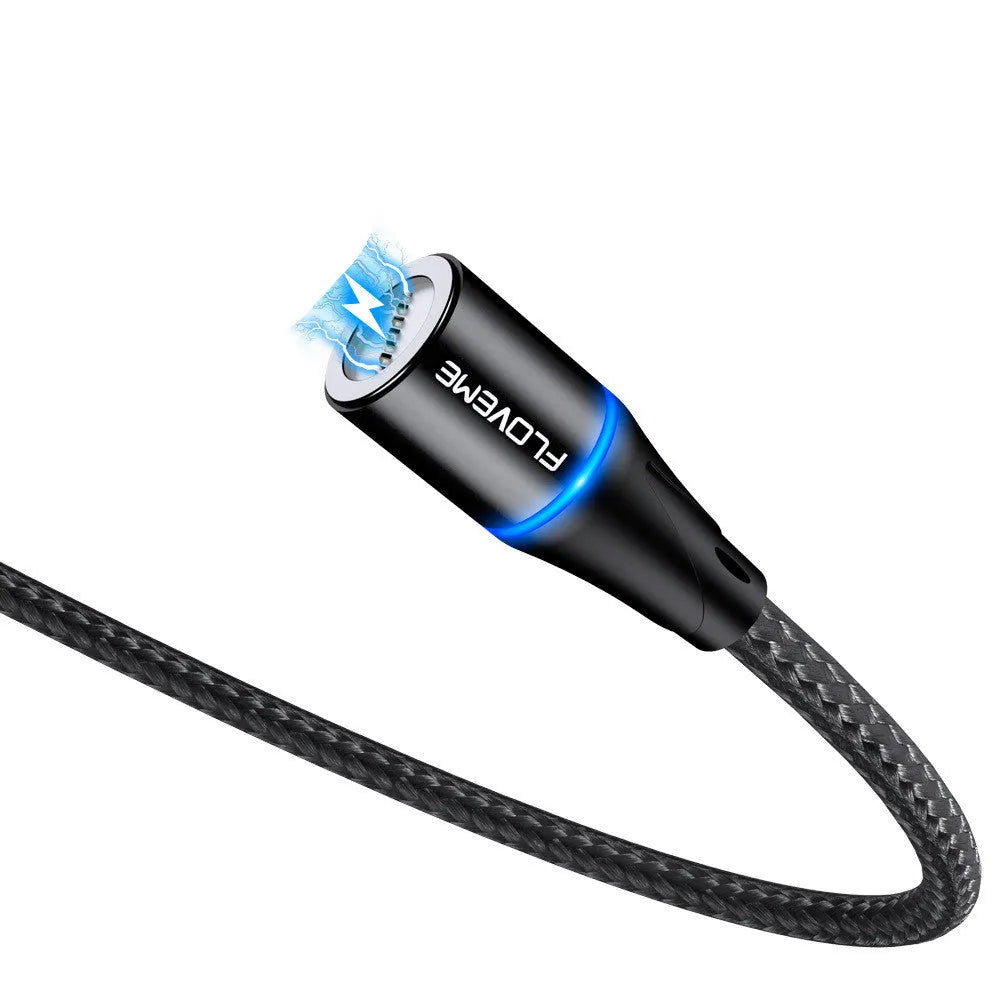 Black magnetic charging cable with LED light indicator for Apple and Android smartphones
