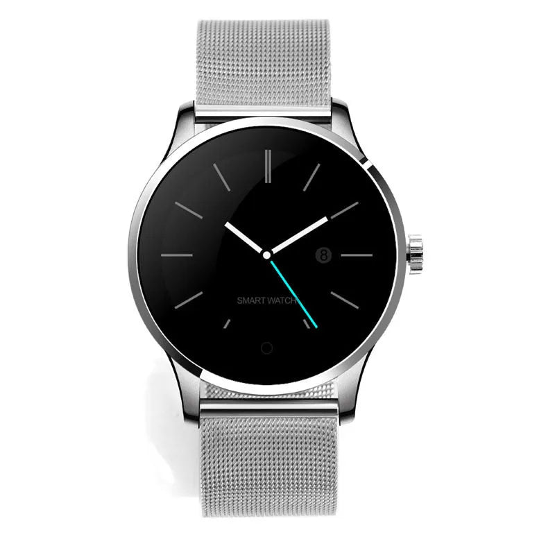 K88H smartwatch in silver with steel strap showing heart rate data on its screen.