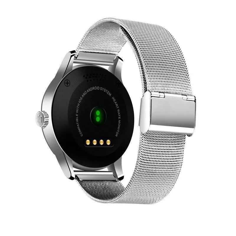 K88H smartwatch in silver with steel strap showing heart rate data on its screen.