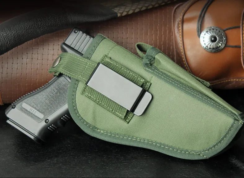 Green nylon universal tactical holster for belt carry, 10.5cm x 19cm, outdoor gear