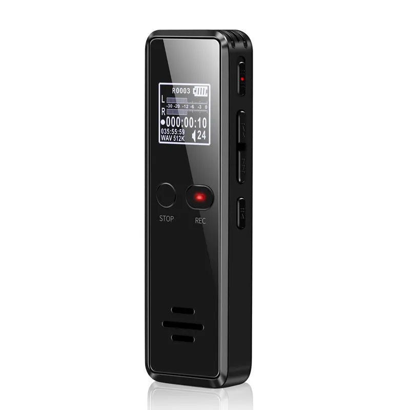 Black zinc alloy USB voice recorder and MP3 player showing LCD screen and compact size.