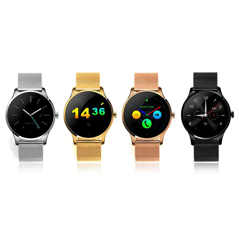 K88H smartwatch in silver with steel strap showing heart rate data on its screen.