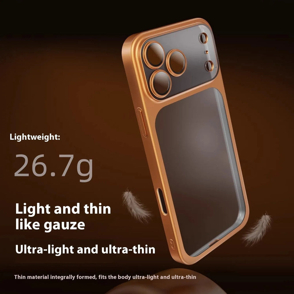 Frosted electroplating iPhone 17 phone case in desert gold colour showing full-coverage design.