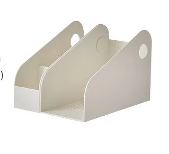 Milk coffee coloured plastic desktop storage box with two internal organiser grids for stationery.