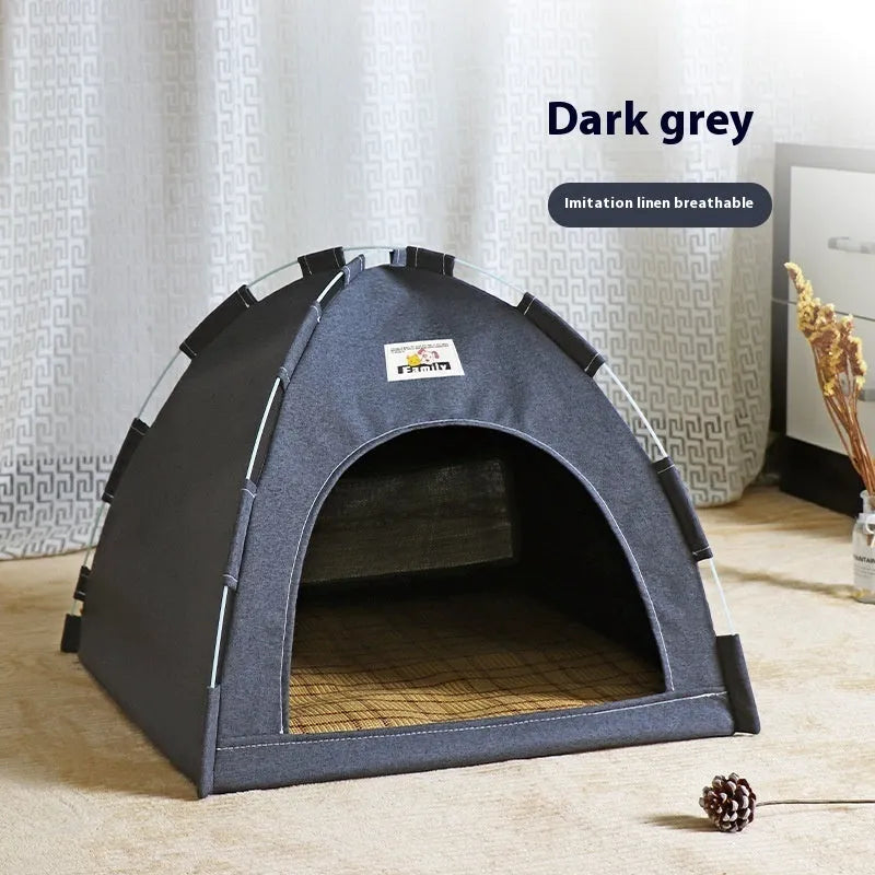 Grey removable-cover pet tent bed for cats and small dogs measuring 36cm.