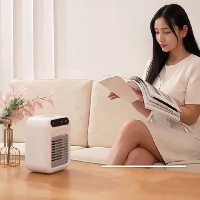 Ivory white portable USB air cooler fan with digital touchscreen display and water tank for room or car use
