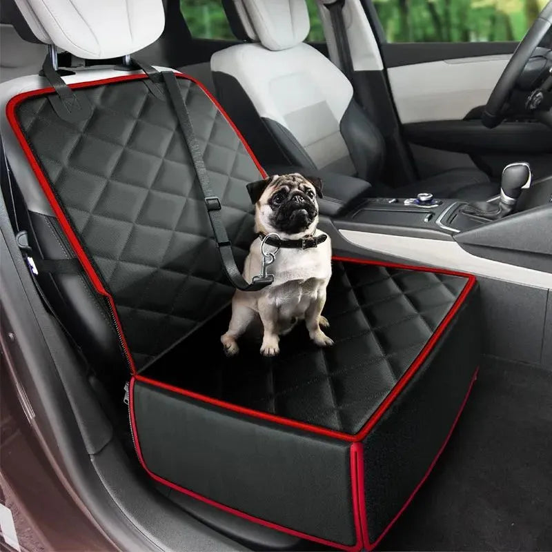 Black car pet seat pad with anti-dirt surface and non-slip base placed on vehicle front seat