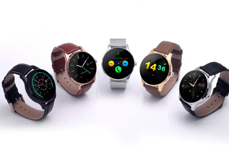 K88H smartwatch in silver with steel strap showing heart rate data on its screen.