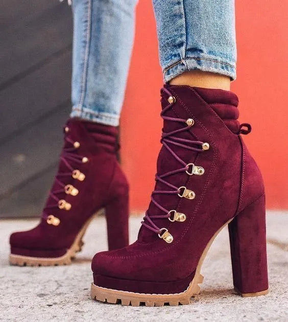 Women's suede high heel boots with thick heels in yellow, black, wine red, and army green colours