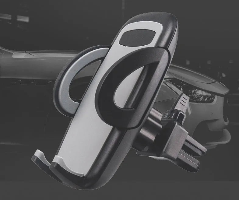 Black ABS plastic car air vent phone holder with adjustable gooseneck arm and universal phone clamp