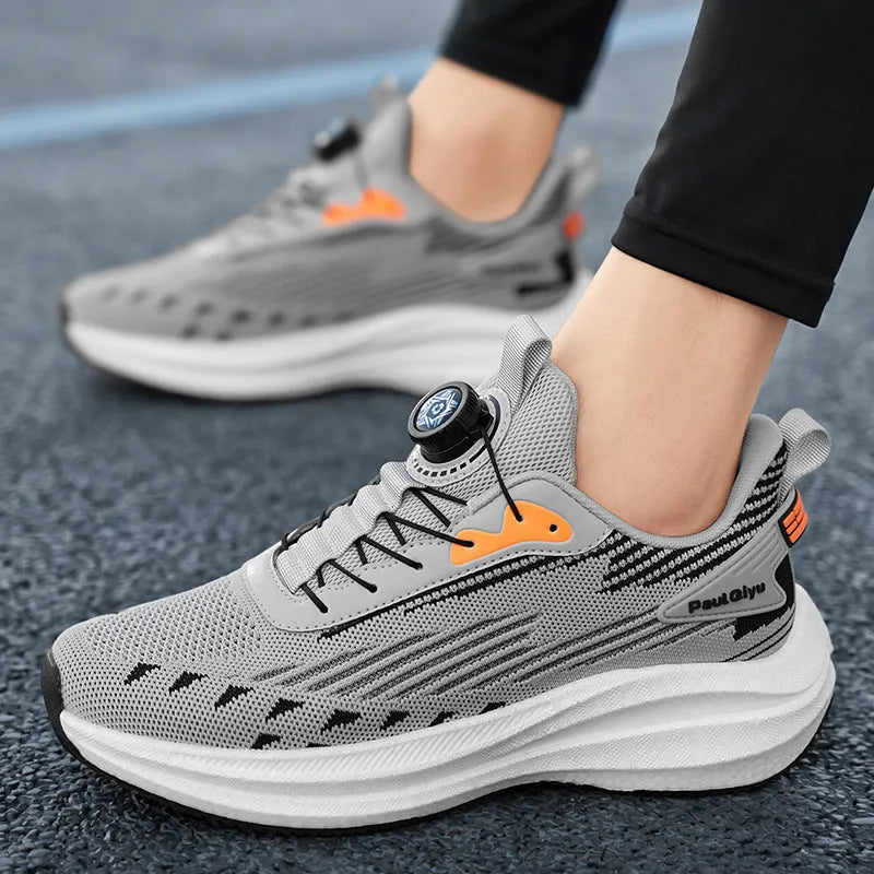 Men's rotating buckle fly-kit mesh running shoes in white green, grey and black colours with low-top design