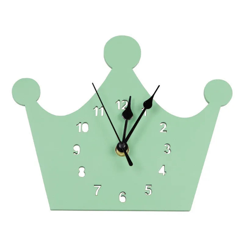 Wooden cartoon wall clock with battery operation showing alien, crown, rabbit, swan, cloud and ice cream designs