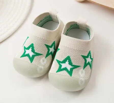 Baby soft sole non-slip walking shoes in breathable fly woven cotton cloth with natural rubber sole, multiple colours