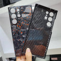 Forged carbon fibre phone case with gold foil finish for Samsung S25 Ultra, displayed on a white background