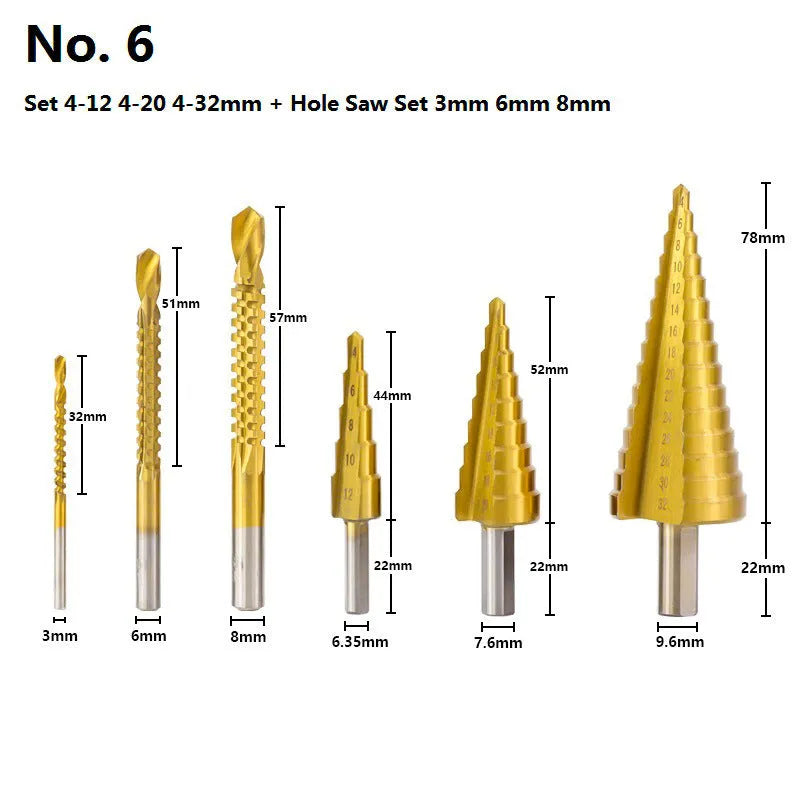 High speed steel cone step drill bit and centre punch set in six colour options for metalworking