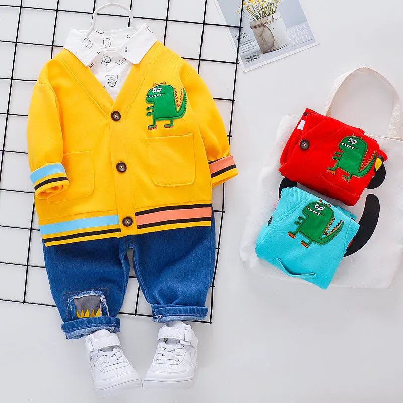 Children's dinosaur hole pattern three-piece cotton suit in yellow with long sleeves