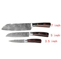 Stainless steel kitchen chef knife with laser Damascus pattern on blade and coloured wood handle.