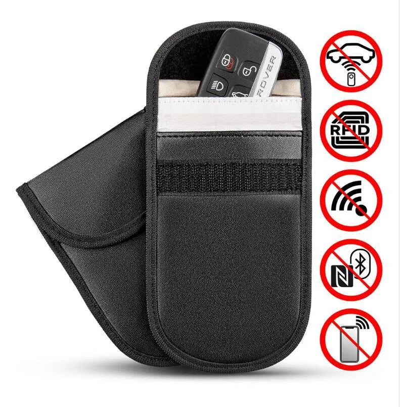 Black RFID signal blocker bag showing 13.5cm by 9.5cm dimensions on a flat surface.