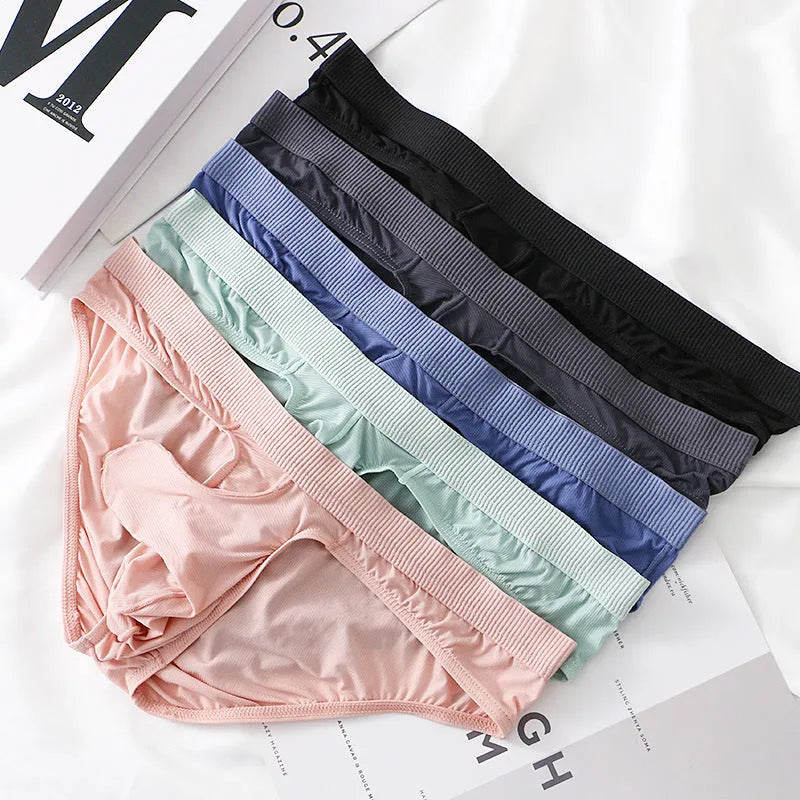 Men's low waist briefs in ice silk nylon fabric shown in multiple colours including black, grey and purplish blue.