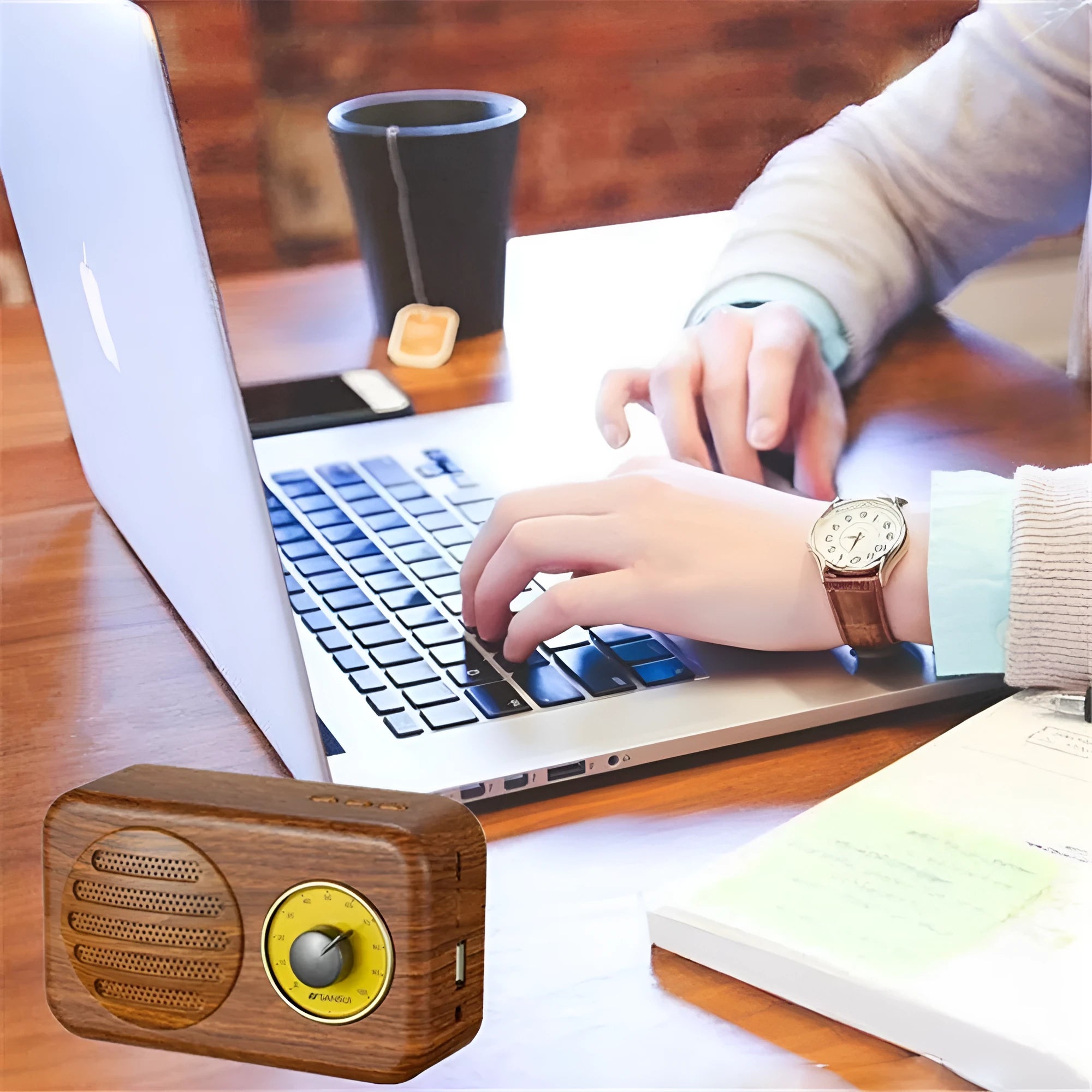 Portable Bluetooth speaker in wood grain finish with FM radio and micro USB cable
